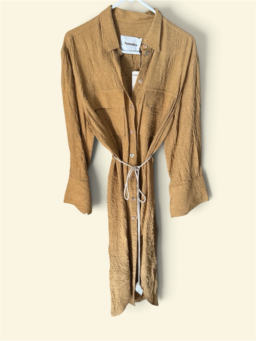 New with Tags Nanushka crinkled button down dress with detachable belt. - Picture 2 of 5
